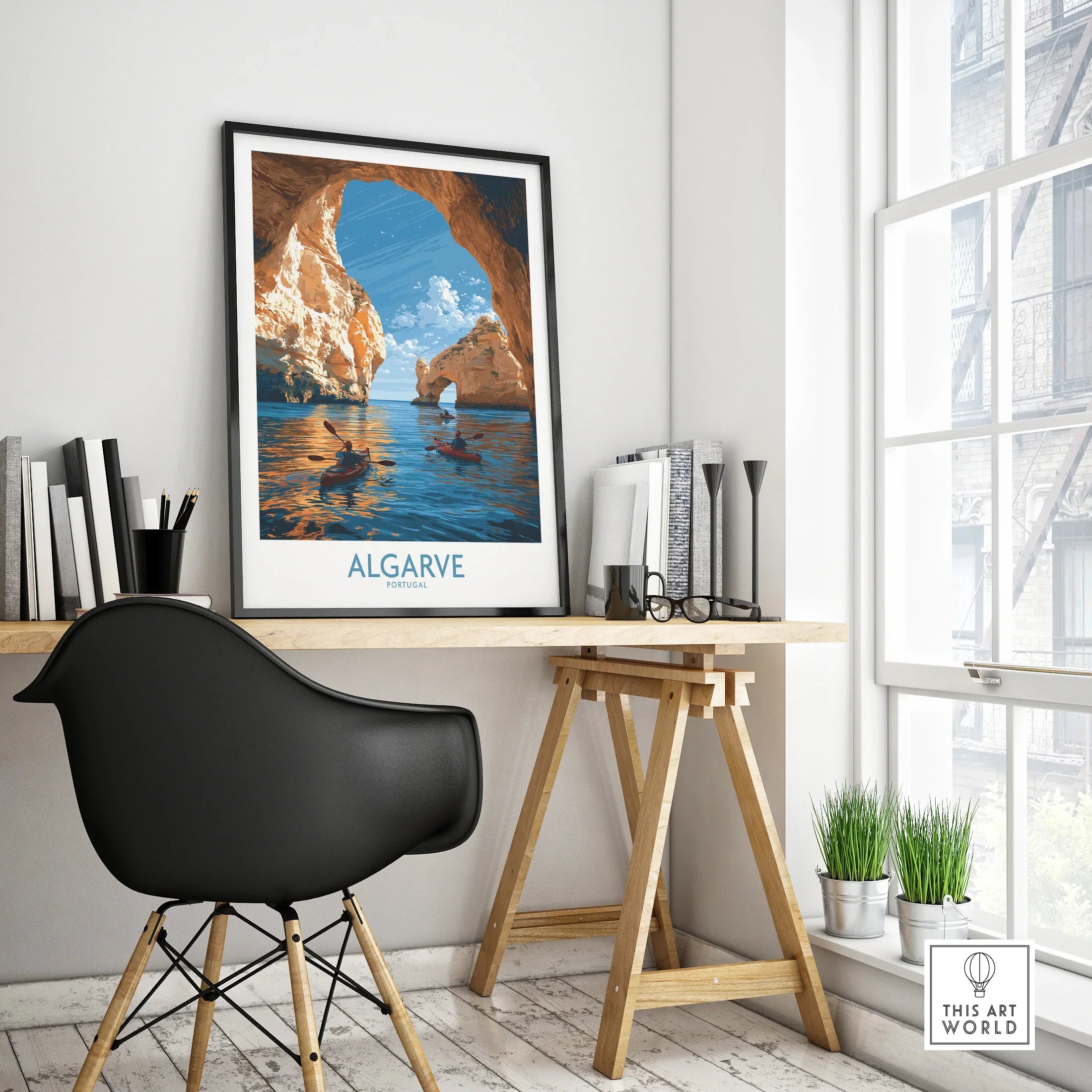 Algarve Portugal Sea Arch Wall Art — framed poster black frame on office desk modern
