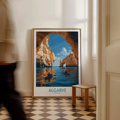 Algarve Portugal Sea Arch Wall Art — framed canvas on floor man walking past