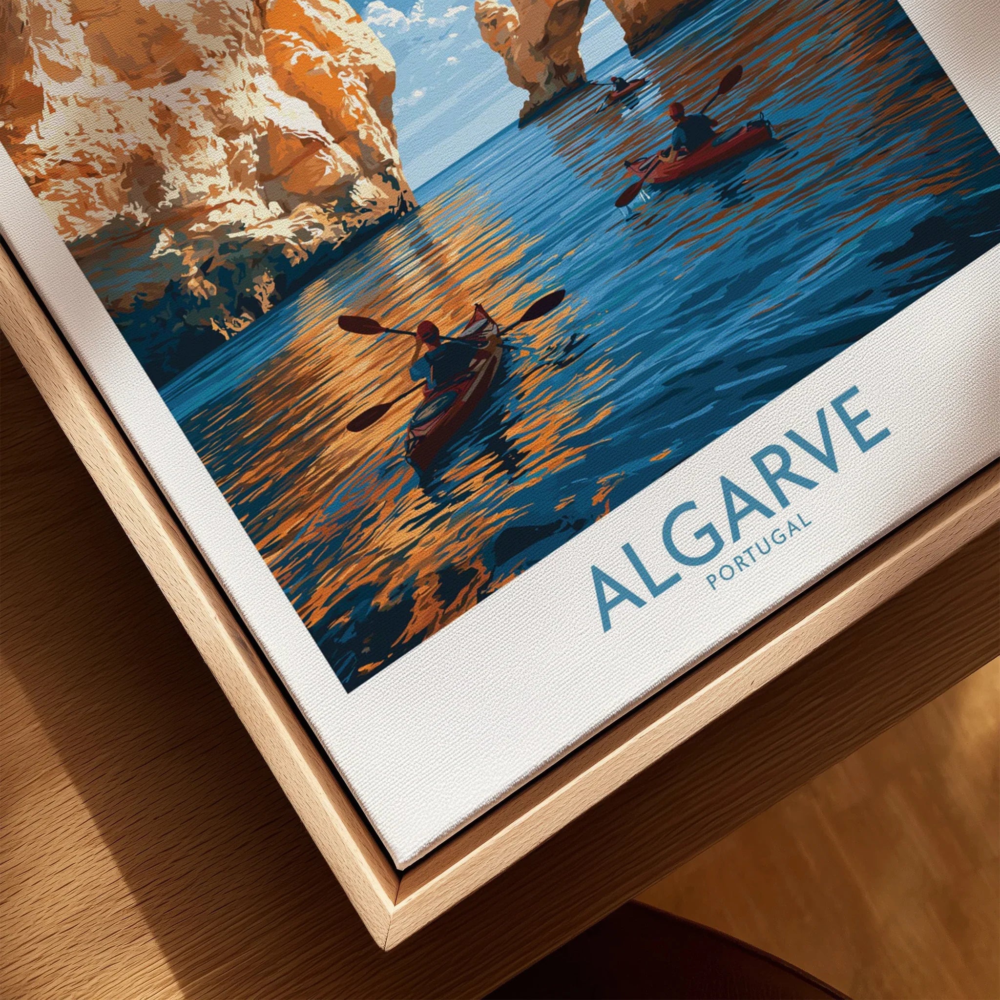 Algarve Portugal Sea Arch Wall Art — closeup framed canvas natural wood floating frame