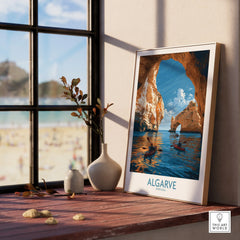 Algarve Portugal Sea Arch Wall Art — framed print window view natural wood frame