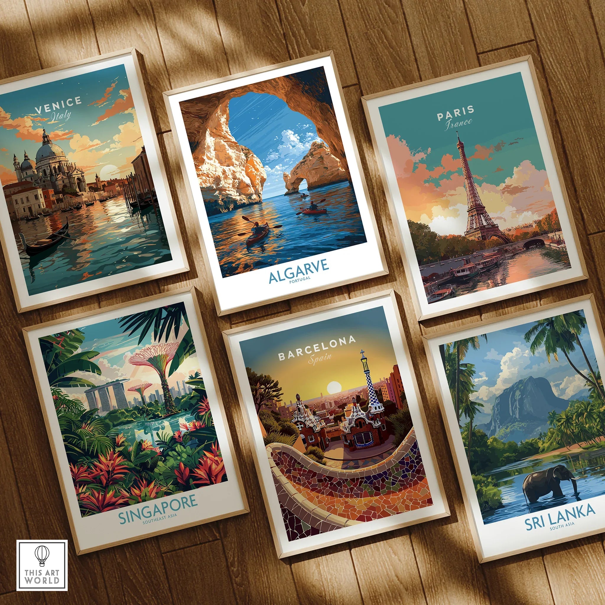Algarve Portugal Sea Arch Wall Art — set six framed art prints wooden floor natural wood frames
