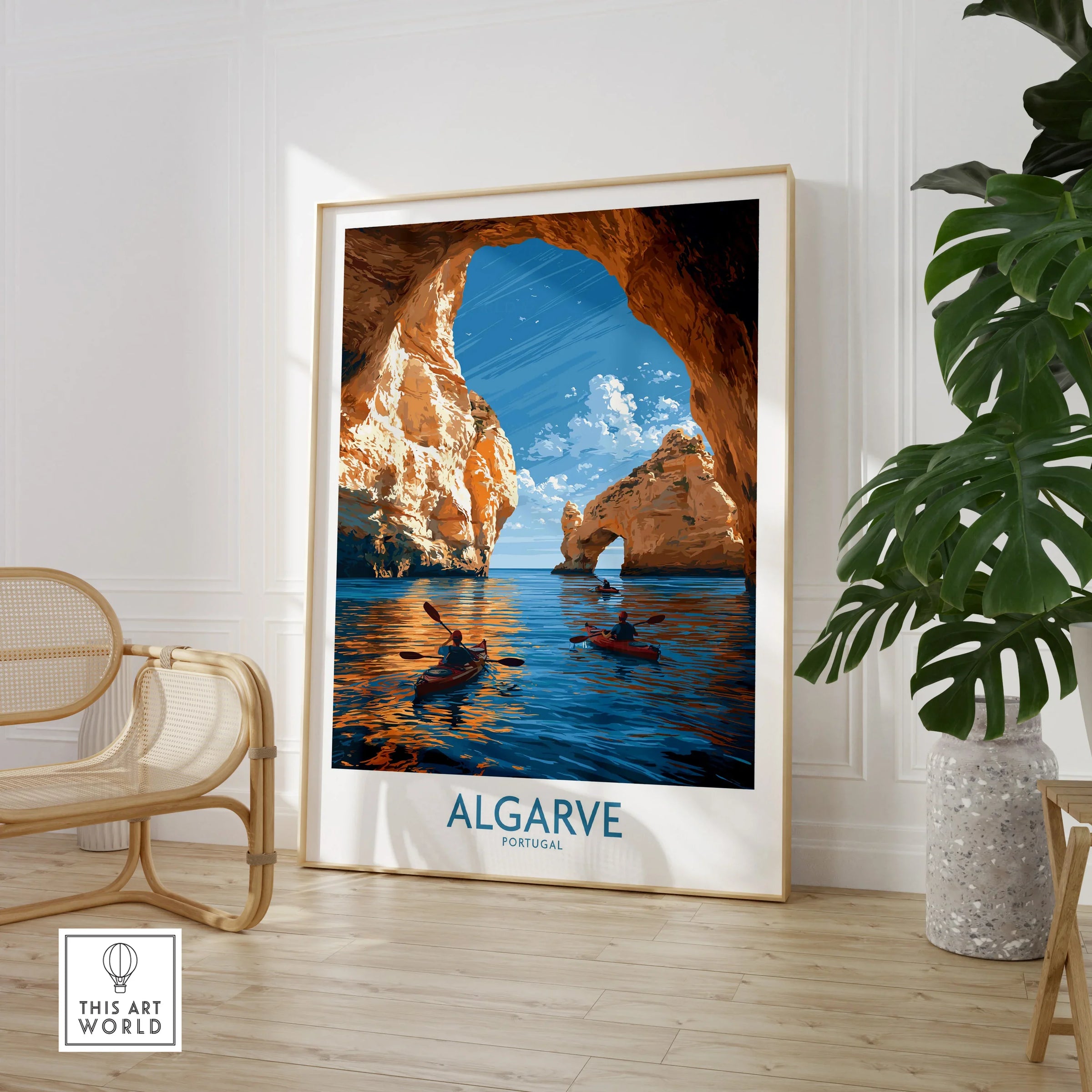Algarve Portugal Sea Arch Wall Art — large framed print room setting chair plant