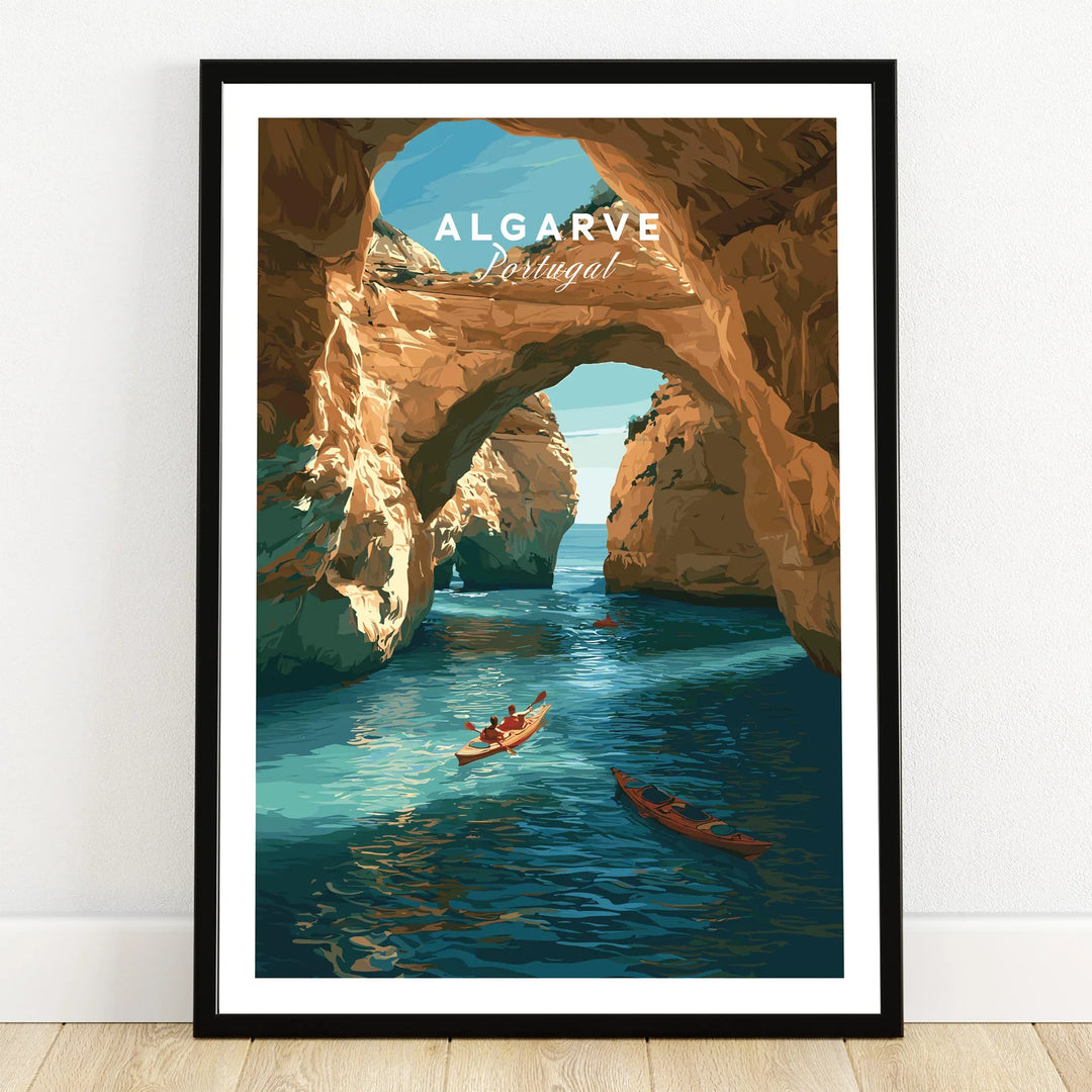 Algarve Portugal Cliffs Travel Poster — art print in black frame on wooden floor