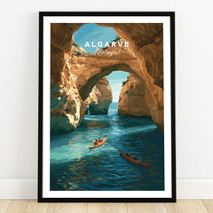 Algarve Portugal Cliffs Travel Poster — art print in black frame on wooden floor
