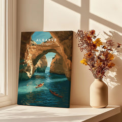 Algarve Portugal Cliffs Travel Poster — canvas print window setting with shadows flowers