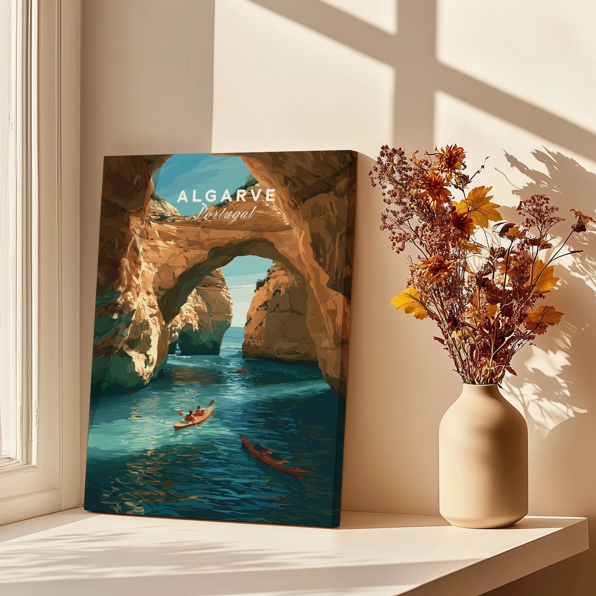 Algarve Portugal Cliffs Travel Poster — canvas print window setting with shadows flowers