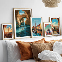 Algarve Portugal Cliffs Travel Poster — set five framed artprints above bed natural wood frames