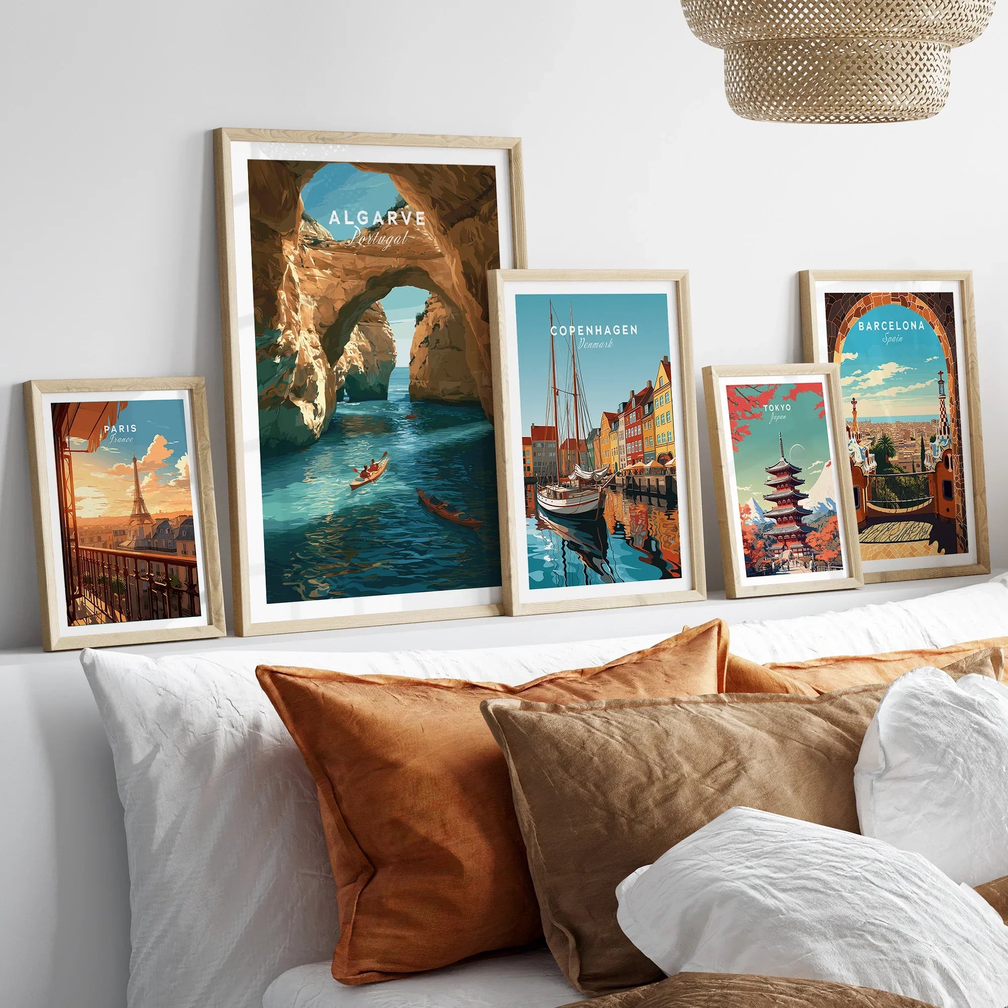 Algarve Portugal Cliffs Travel Poster — set five framed artprints above bed natural wood frames
