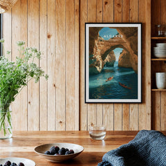 Algarve Portugal Cliffs Travel Poster — black framed art print kitchen setting