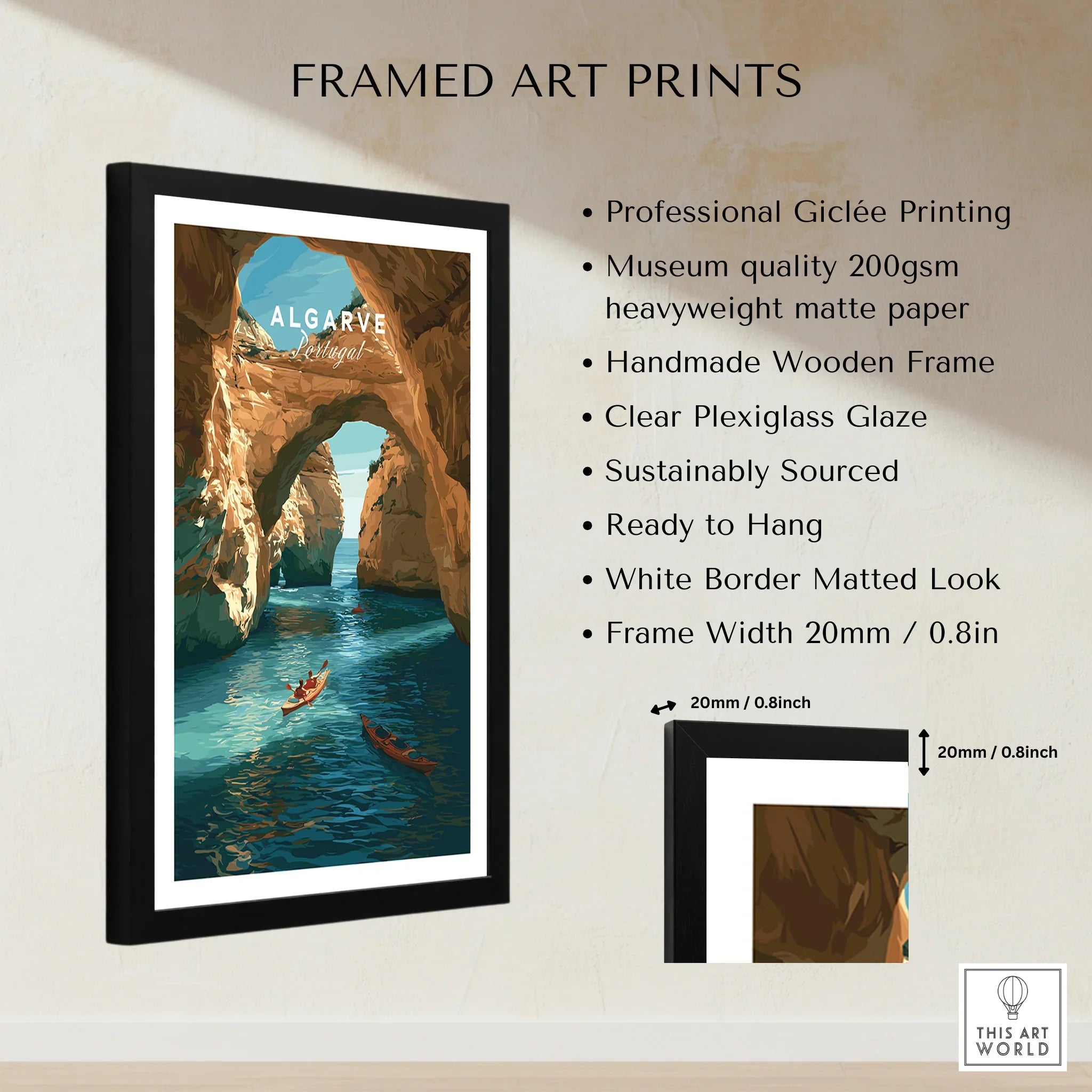 Algarve Portugal Cliffs Travel Poster — framed print details measurements quality details