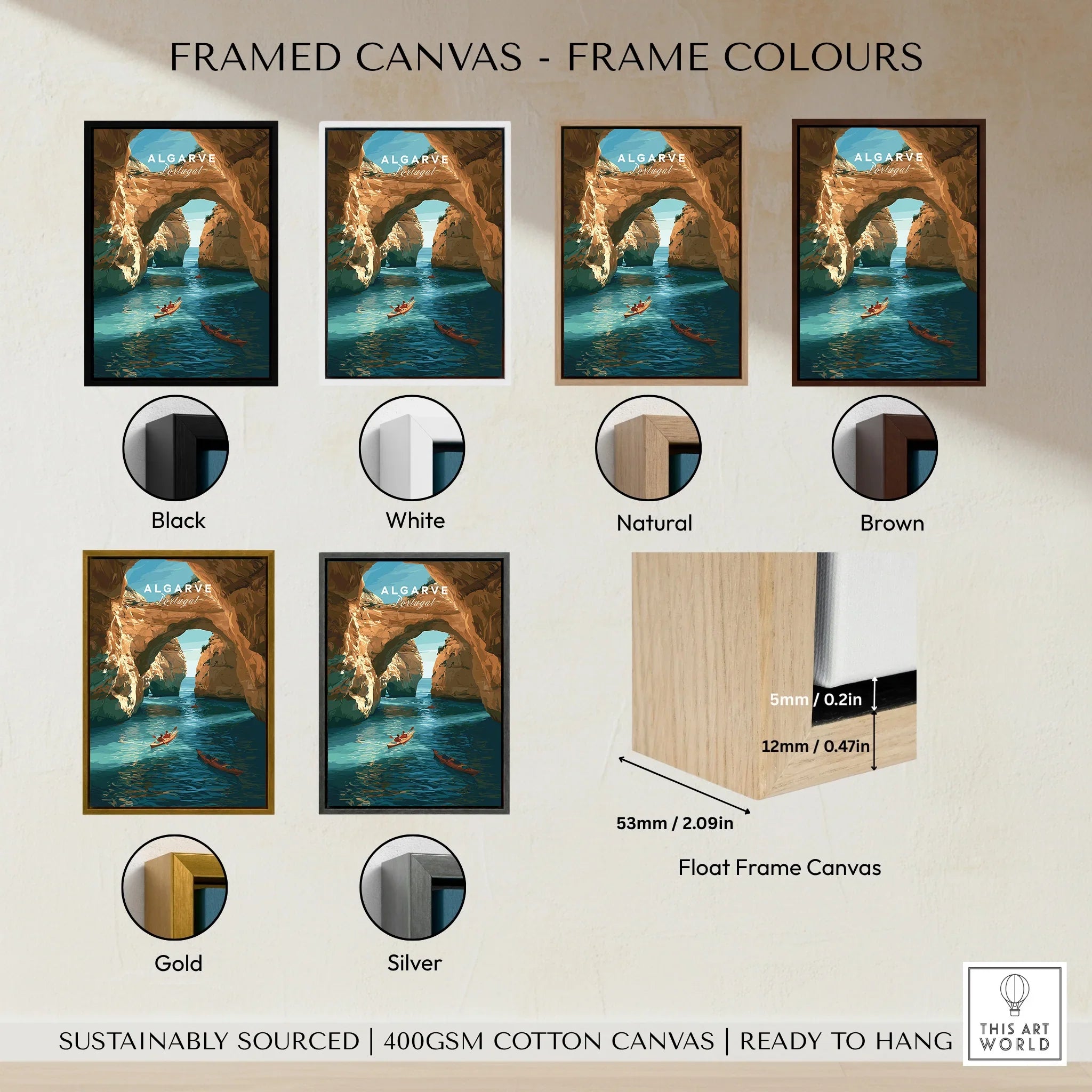 Algarve Portugal Cliffs Travel Poster — framed canvas float frame colour options