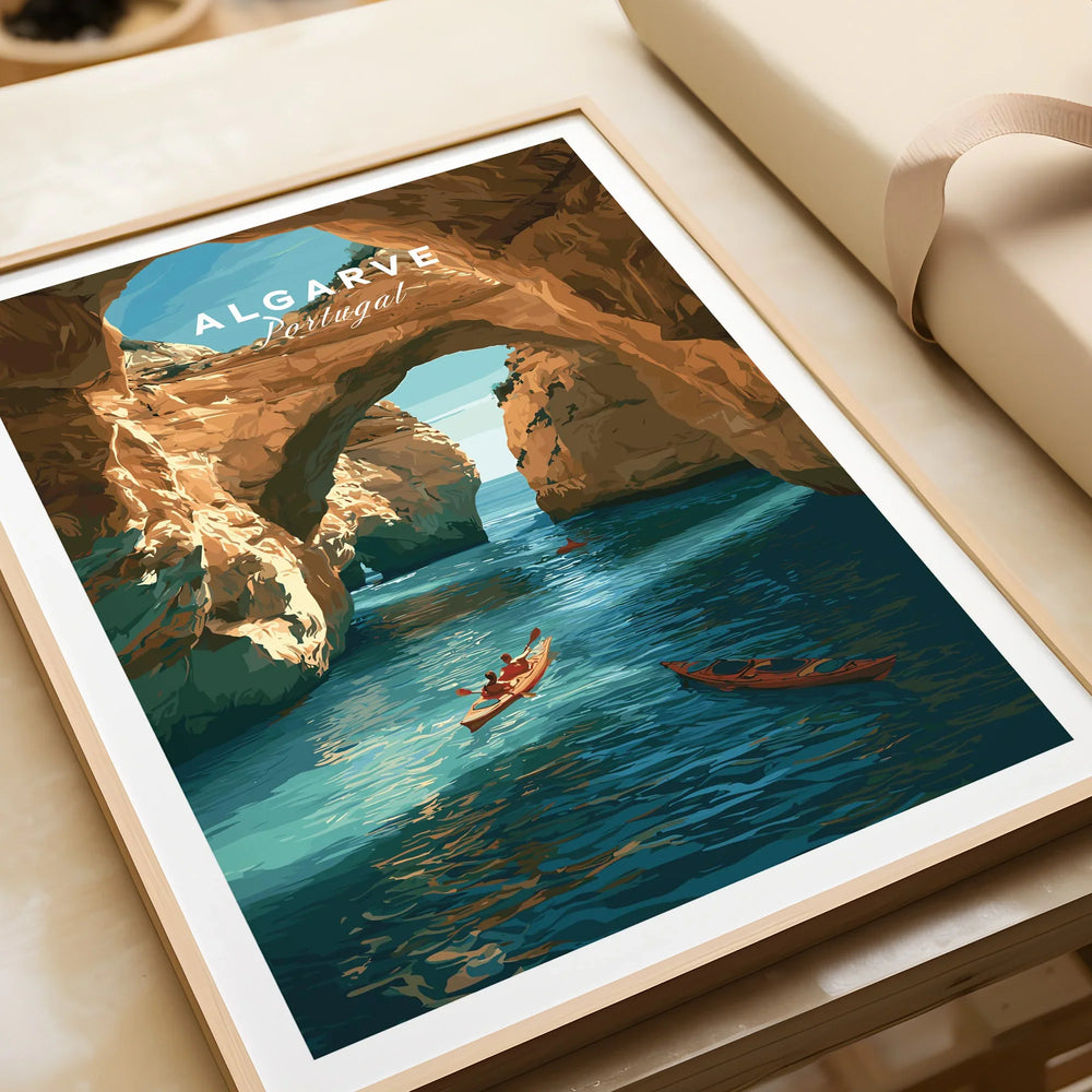 Algarve Portugal Cliffs Travel Poster — framed art print closeup gift unwrapped natural frame