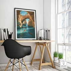 Algarve Portugal Cliffs Travel Poster — framed poster black frame on office desk modern