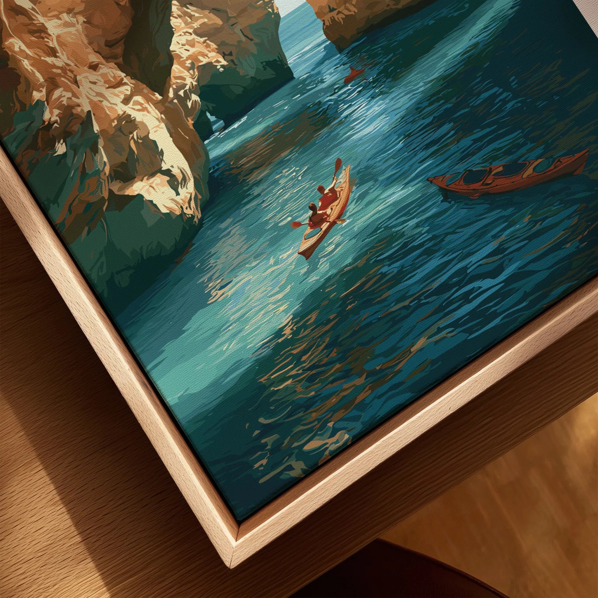 Algarve Portugal Cliffs Travel Poster — closeup framed canvas natural wood floating frame