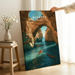 Algarve Portugal Cliffs Travel Poster — canvas print mirror edge hand holding room setting