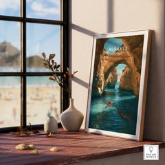 Algarve Portugal Cliffs Travel Poster — framed print window view natural wood frame
