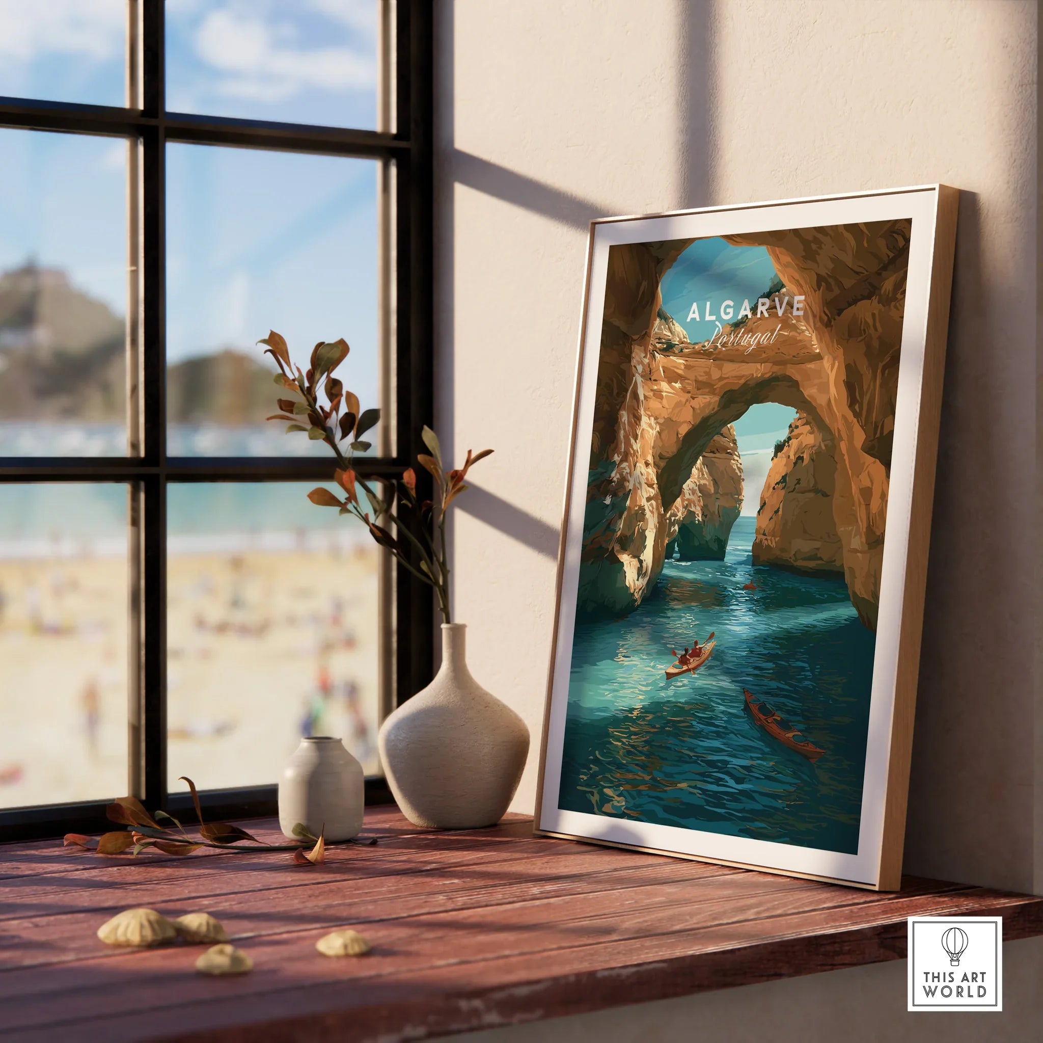 Algarve Portugal Cliffs Travel Poster — framed print window view natural wood frame