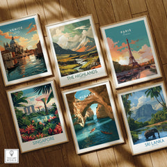 Algarve Portugal Cliffs Travel Poster — set six framed art prints wooden floor natural wood frames