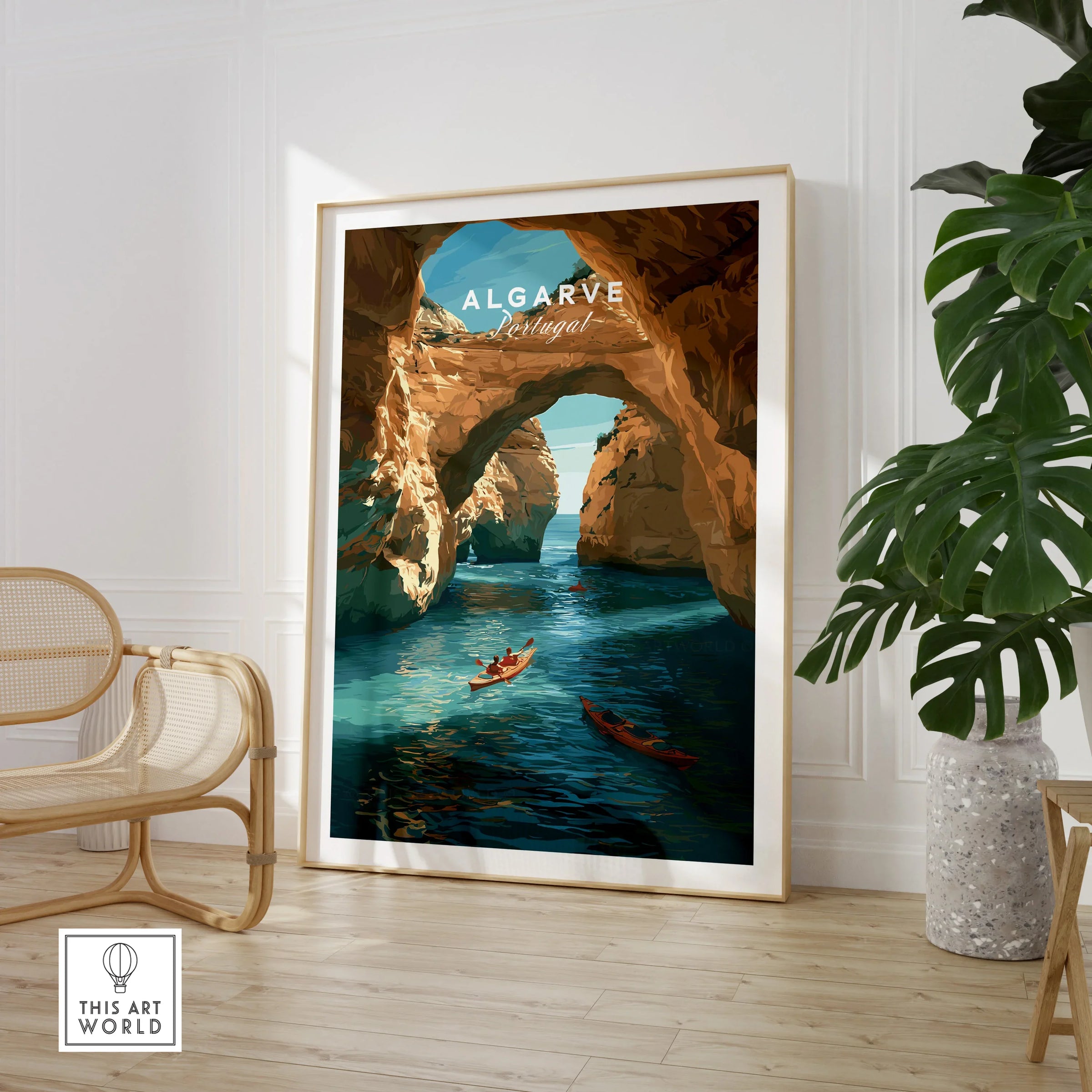 Algarve Portugal Cliffs Travel Poster — large framed print room setting chair plant