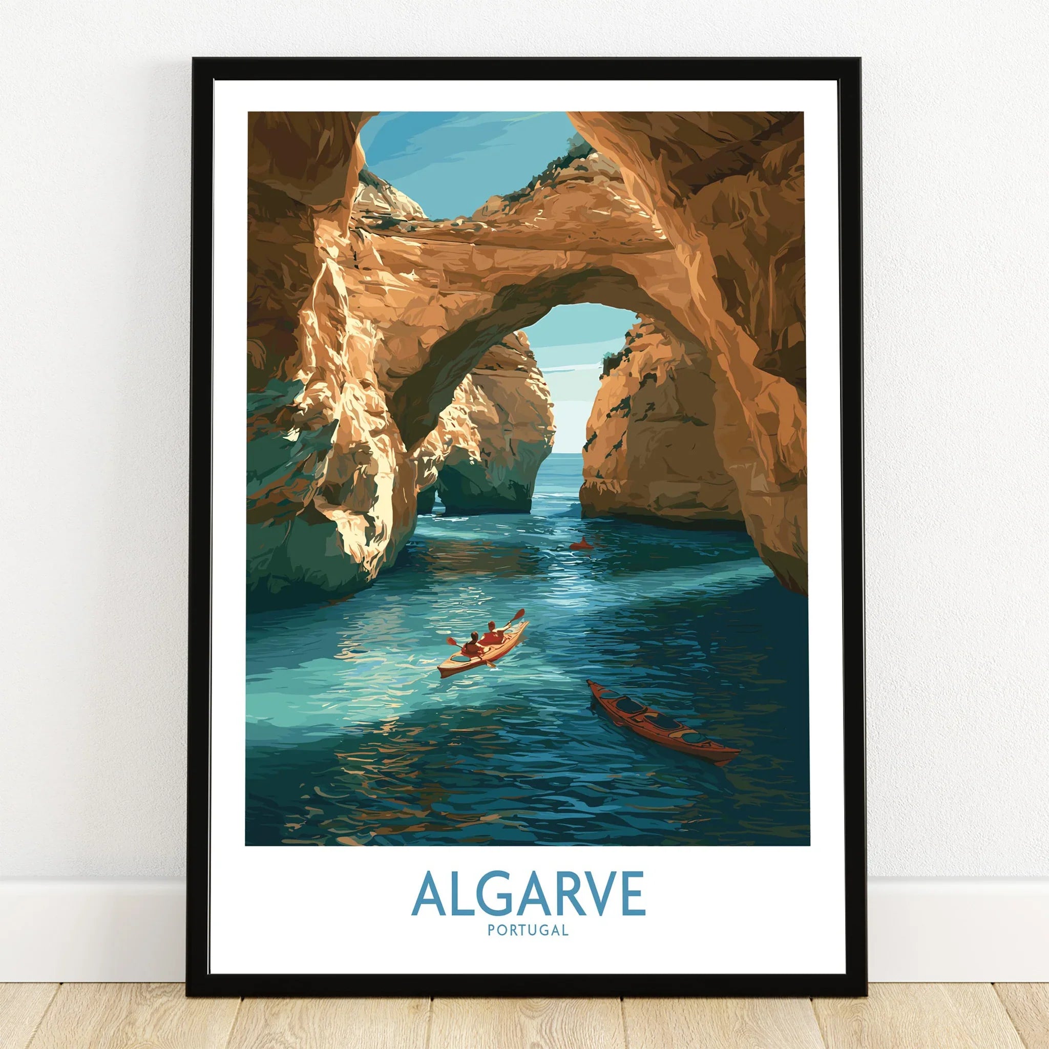 Algarve Portugal Cliffs Wall Art — art print in black frame on wooden floor