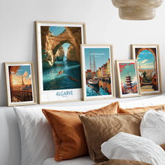 Algarve Portugal Cliffs Wall Art — set five framed artprints above bed natural wood frames