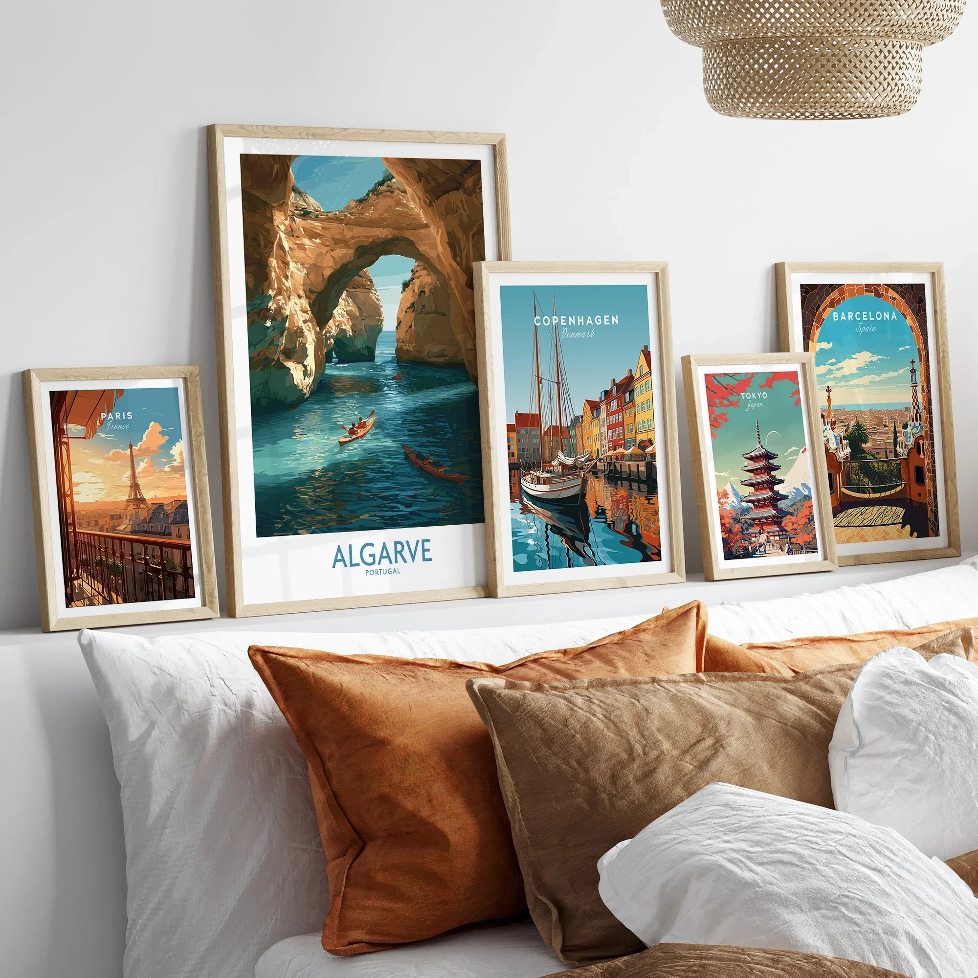 Algarve Portugal Cliffs Wall Art — set five framed artprints above bed natural wood frames