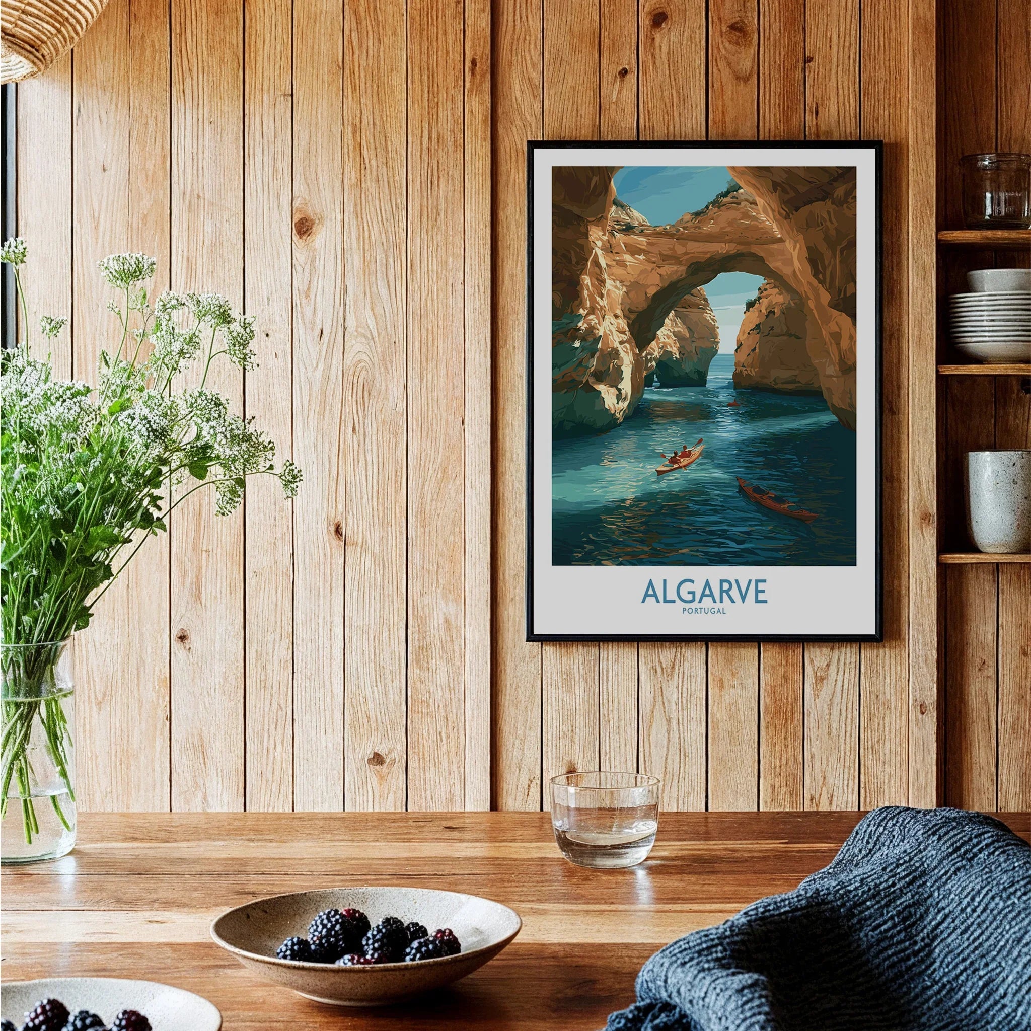 Algarve Portugal Cliffs Wall Art — black framed art print kitchen setting