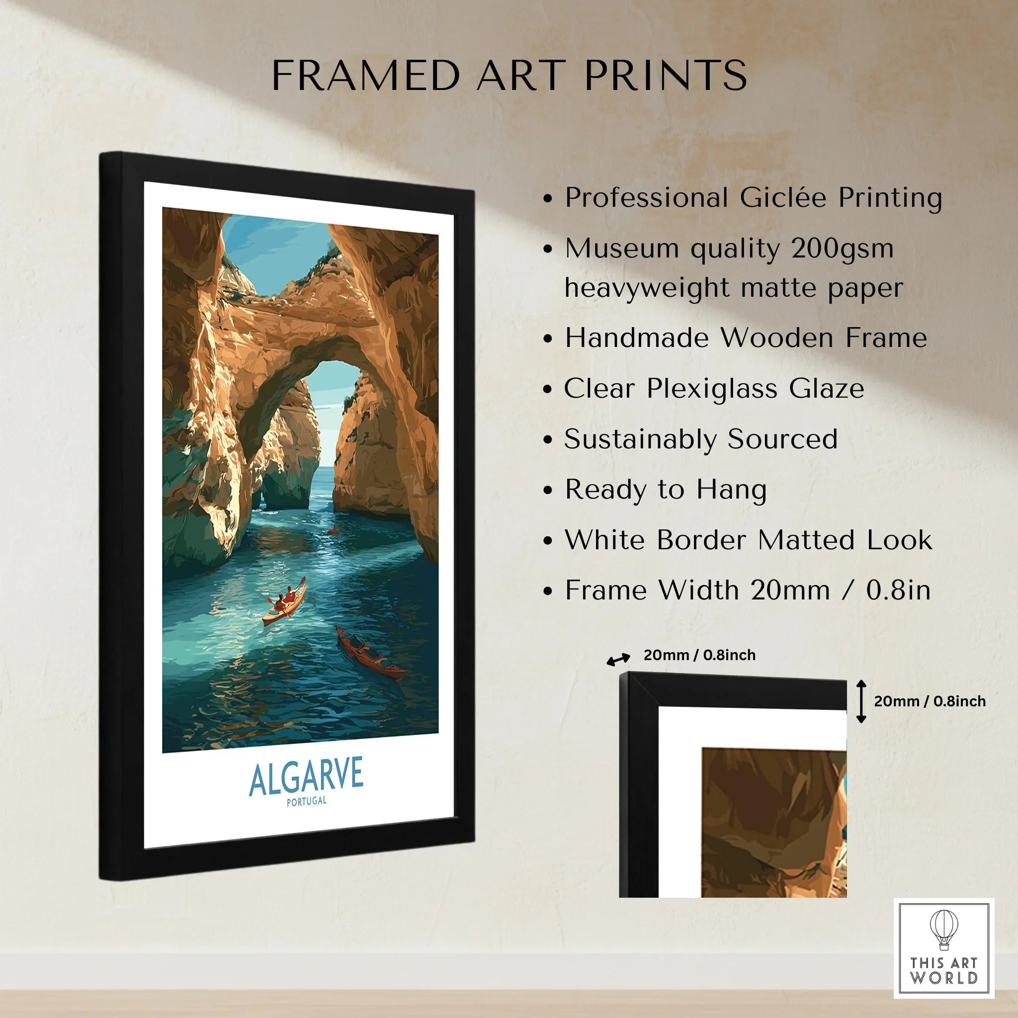 Algarve Portugal Cliffs Wall Art — framed print details measurements quality details