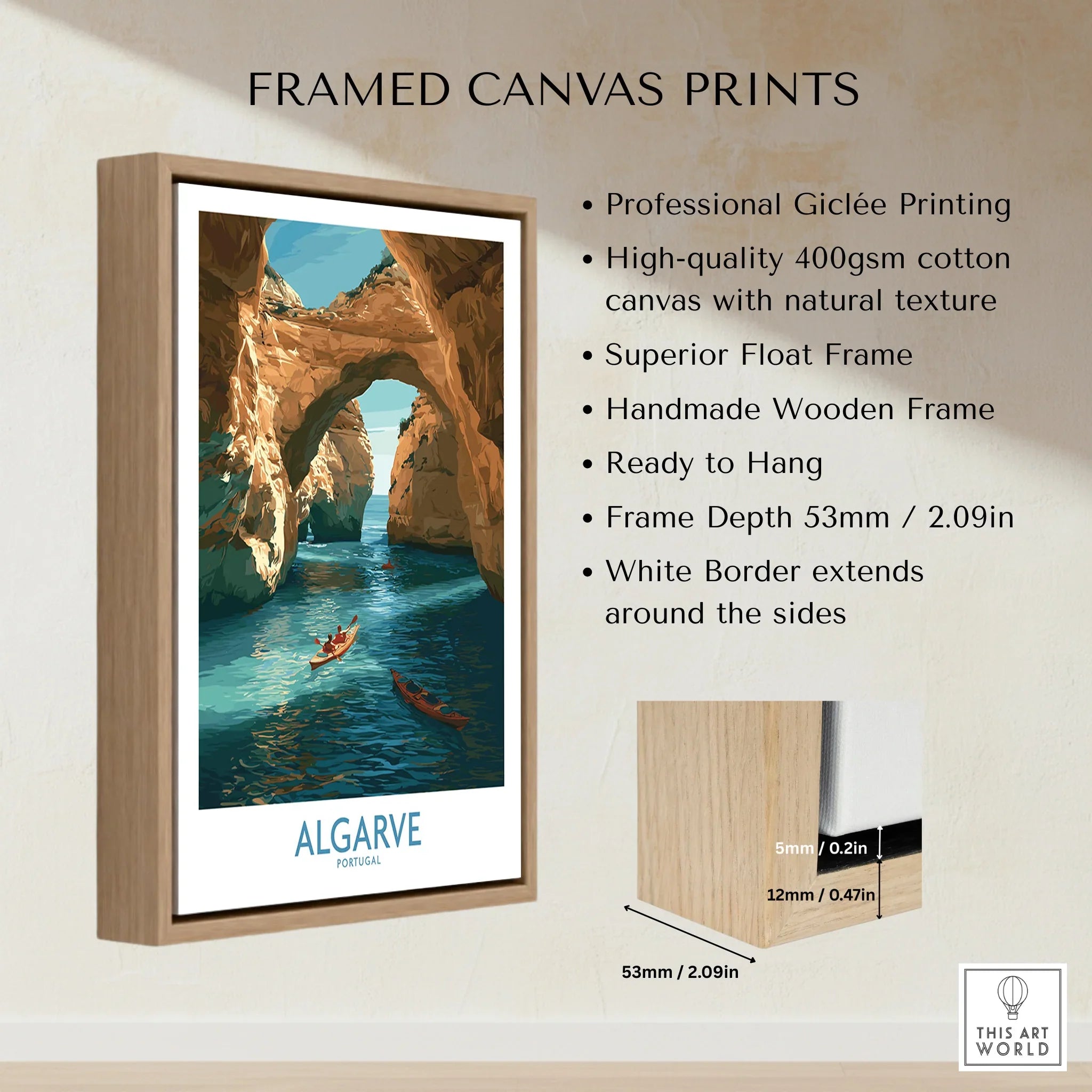Algarve Portugal Cliffs Wall Art — framed canvas float frame details quality