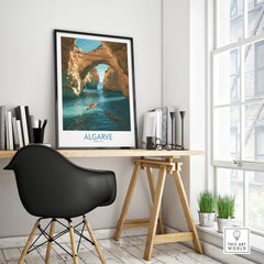 Algarve Portugal Cliffs Wall Art — framed poster black frame on office desk modern