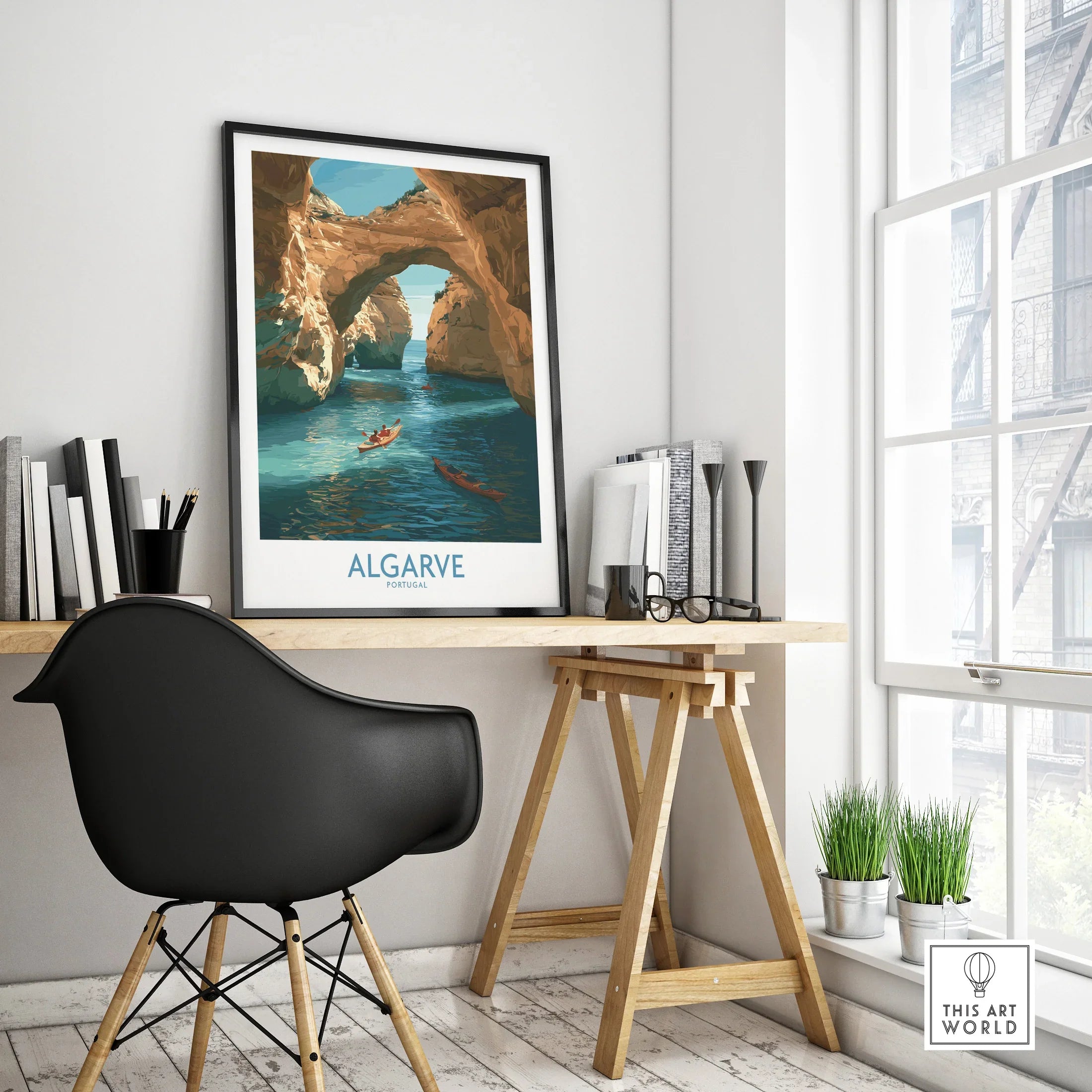 Algarve Portugal Cliffs Wall Art — framed poster black frame on office desk modern