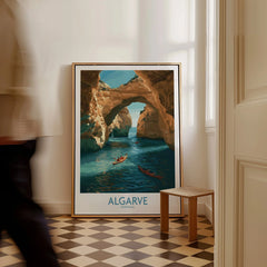 Algarve Portugal Cliffs Wall Art — framed canvas on floor man walking past