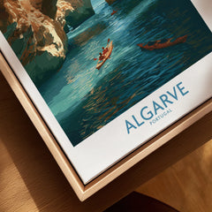 Algarve Portugal Cliffs Wall Art — closeup framed canvas natural wood floating frame