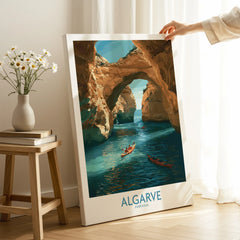Algarve Portugal Cliffs Wall Art — canvas print mirror edge hand holding room setting