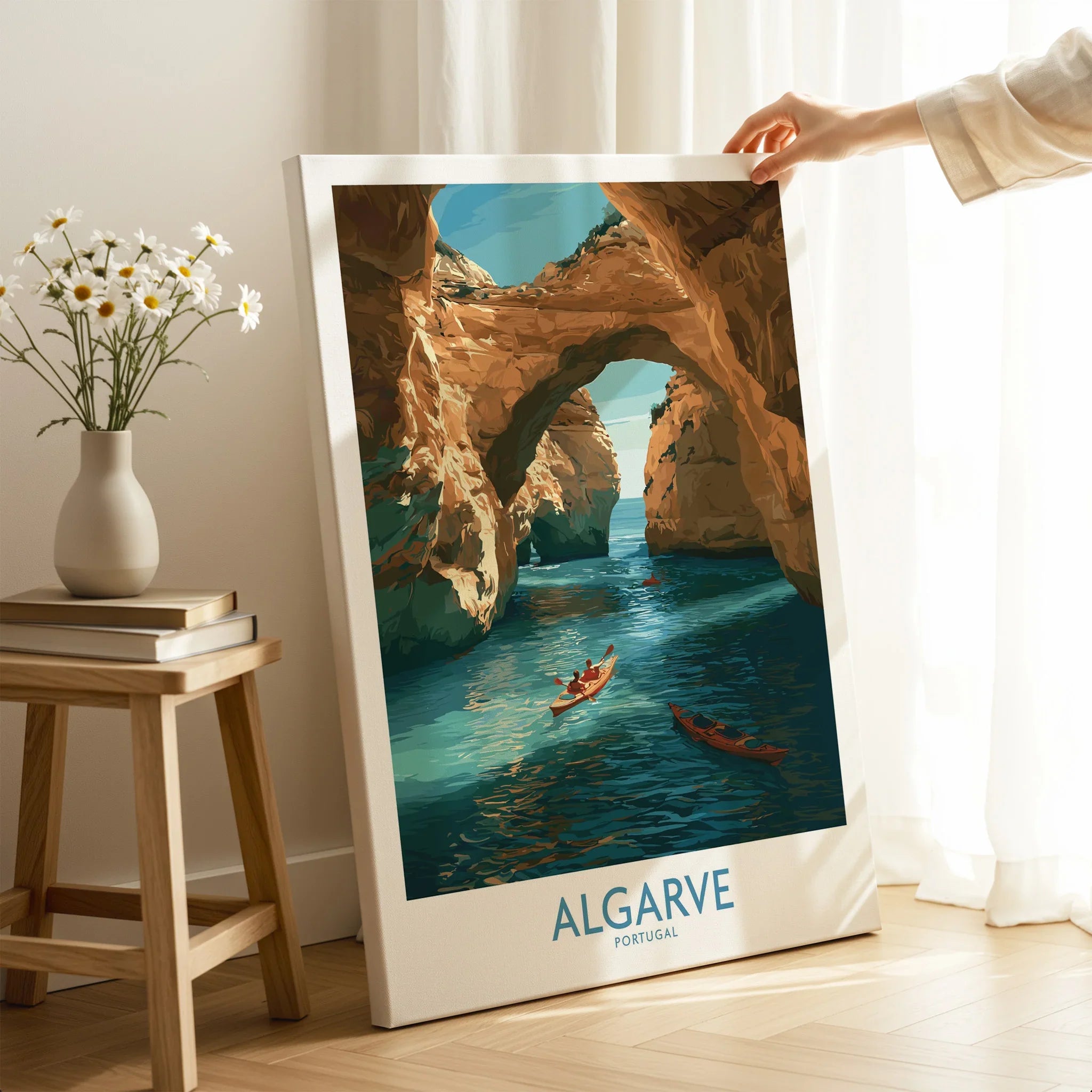 Algarve Portugal Cliffs Wall Art — canvas print mirror edge hand holding room setting