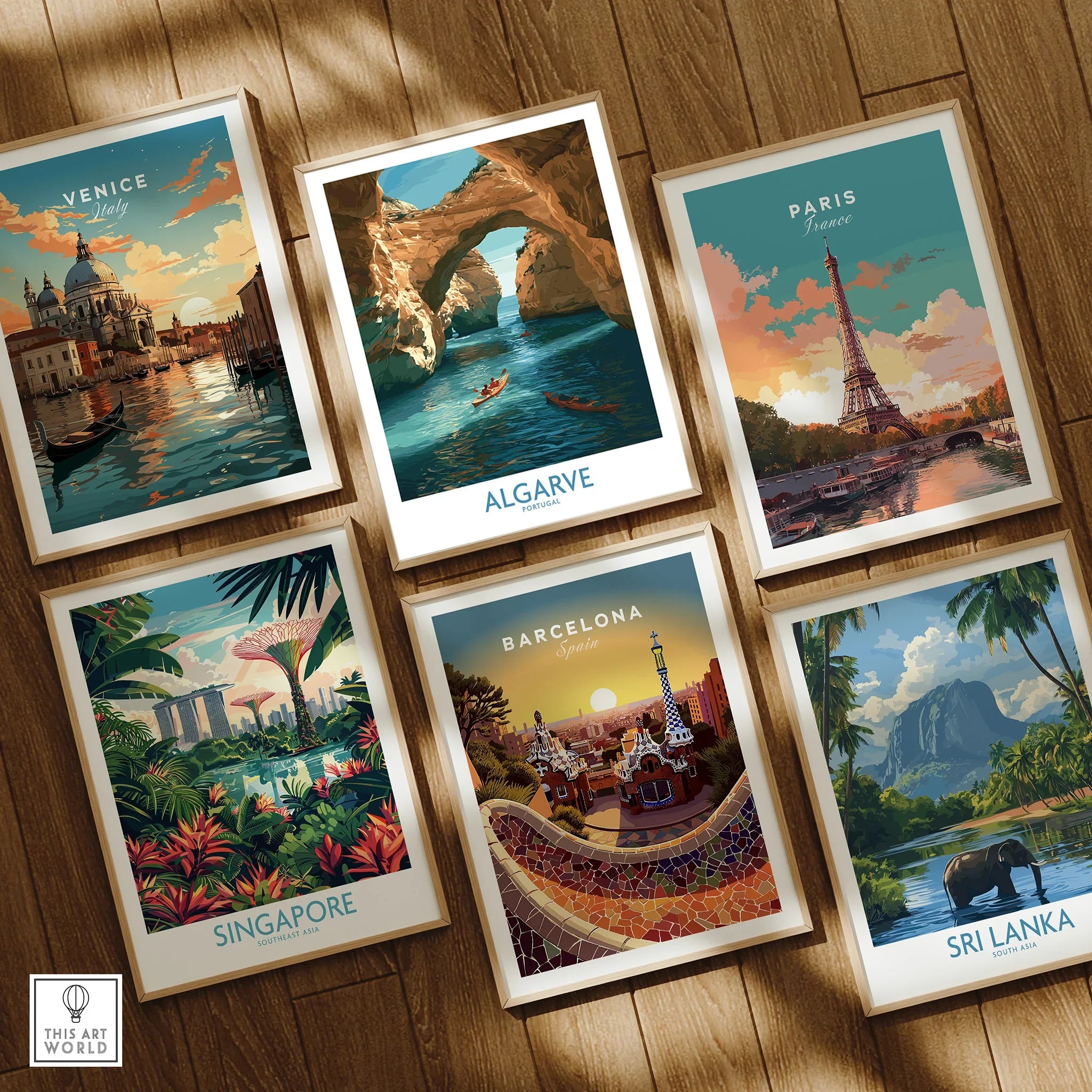 Algarve Portugal Cliffs Wall Art — set six framed art prints wooden floor natural wood frames