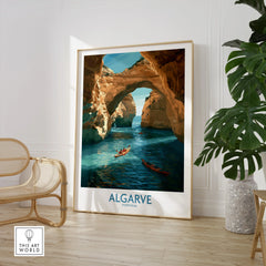 Algarve Portugal Cliffs Wall Art — large framed print room setting chair plant