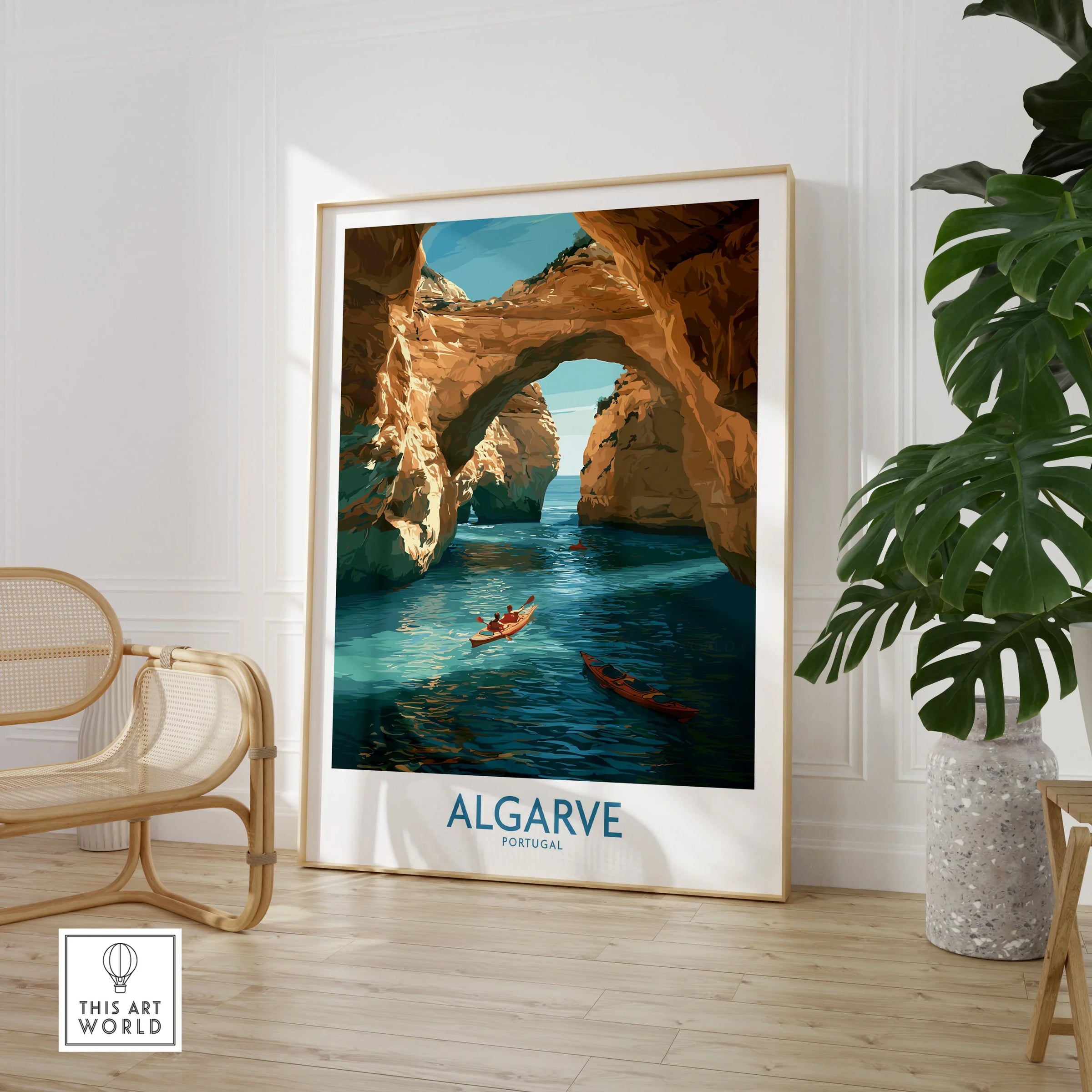 Algarve Portugal Cliffs Wall Art — large framed print room setting chair plant