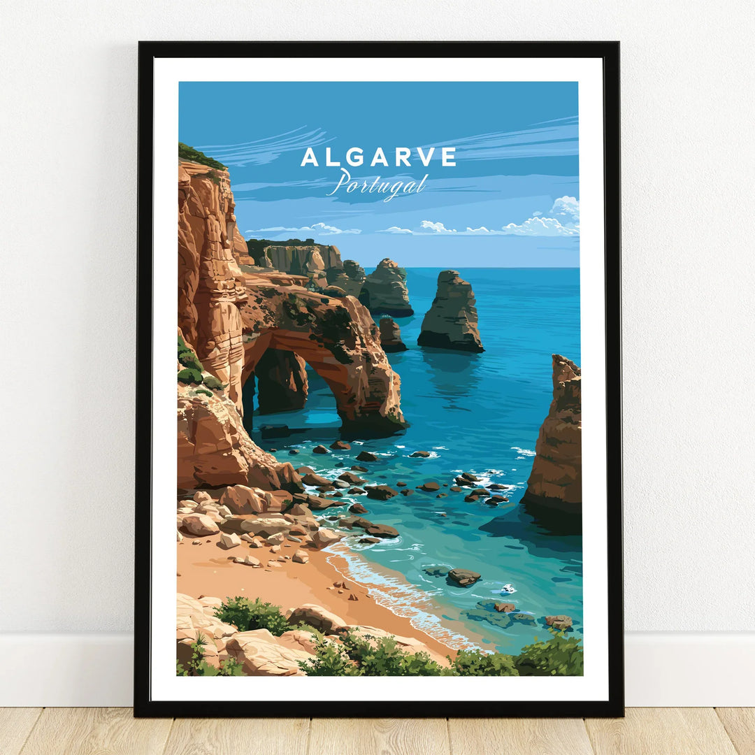Algarve Portugal Coast Travel Poster — art print in black frame on wooden floor