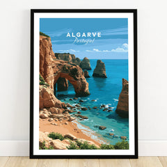 Algarve Portugal Coast Travel Poster — art print in black frame on wooden floor