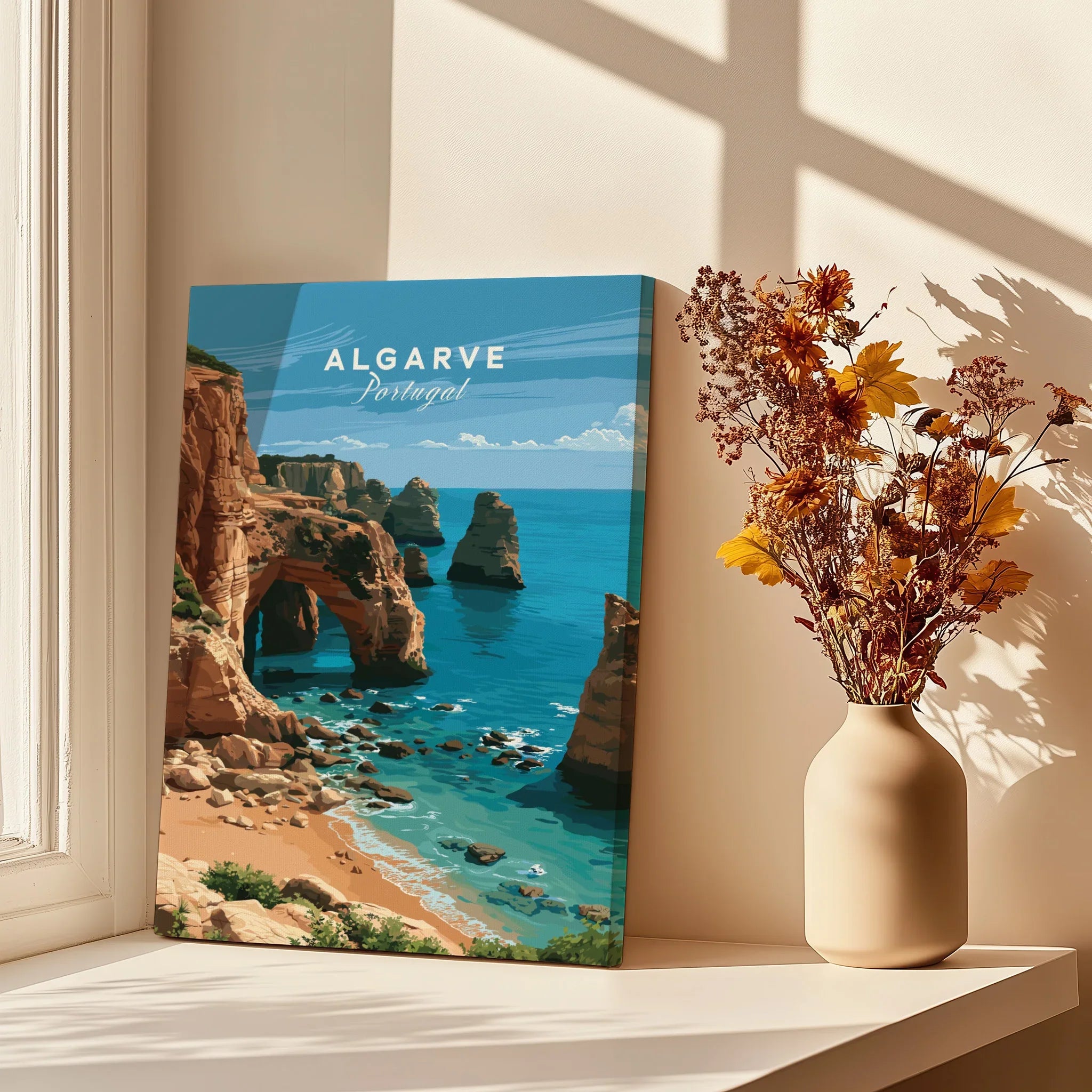 Algarve Portugal Coast Travel Poster — canvas print window setting with shadows flowers