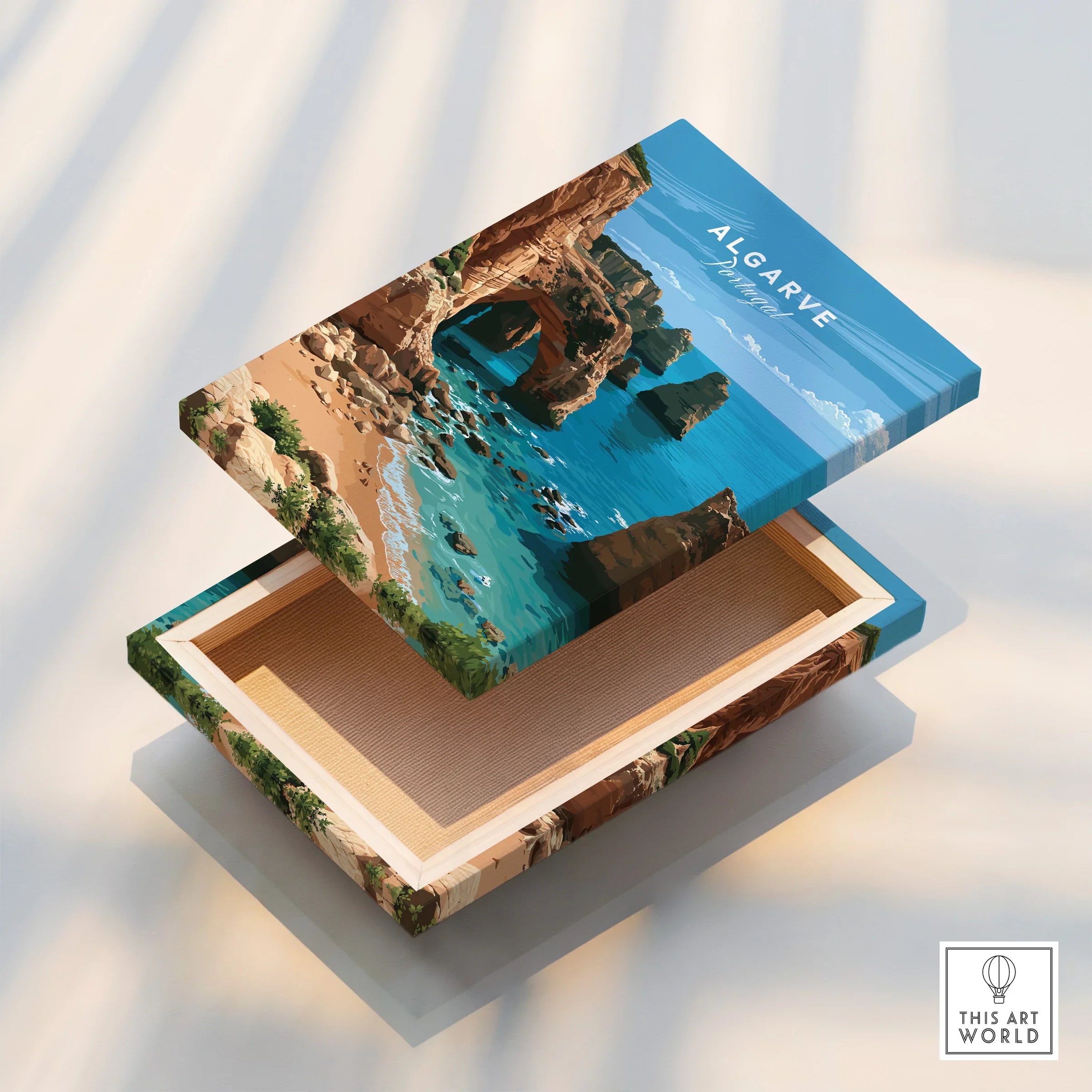 Algarve Portugal Coast Travel Poster — stretched canvas print floating detail mirror edge
