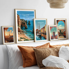 Algarve Portugal Coast Travel Poster — set five framed artprints above bed natural wood frames