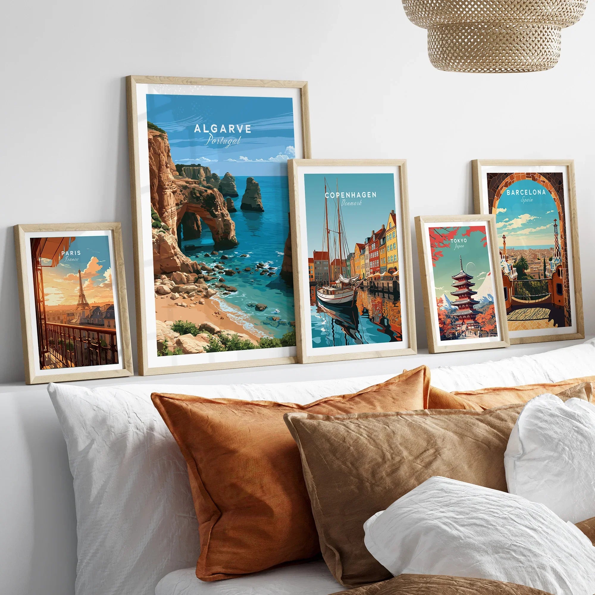Algarve Portugal Coast Travel Poster — set five framed artprints above bed natural wood frames