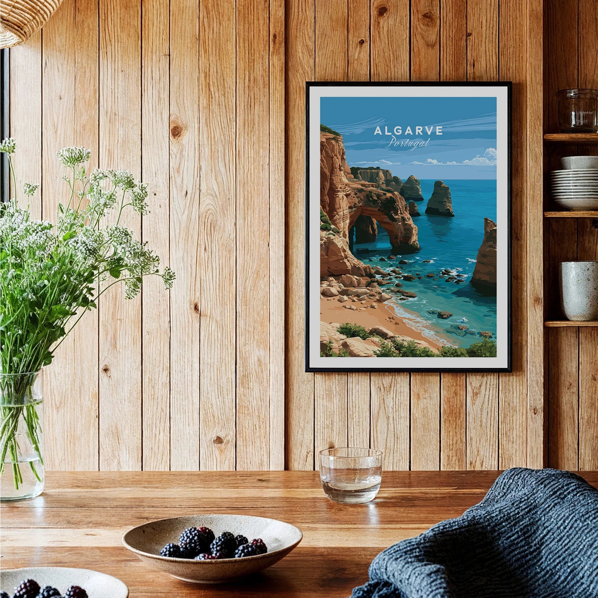 Algarve Portugal Coast Travel Poster — black framed art print kitchen setting