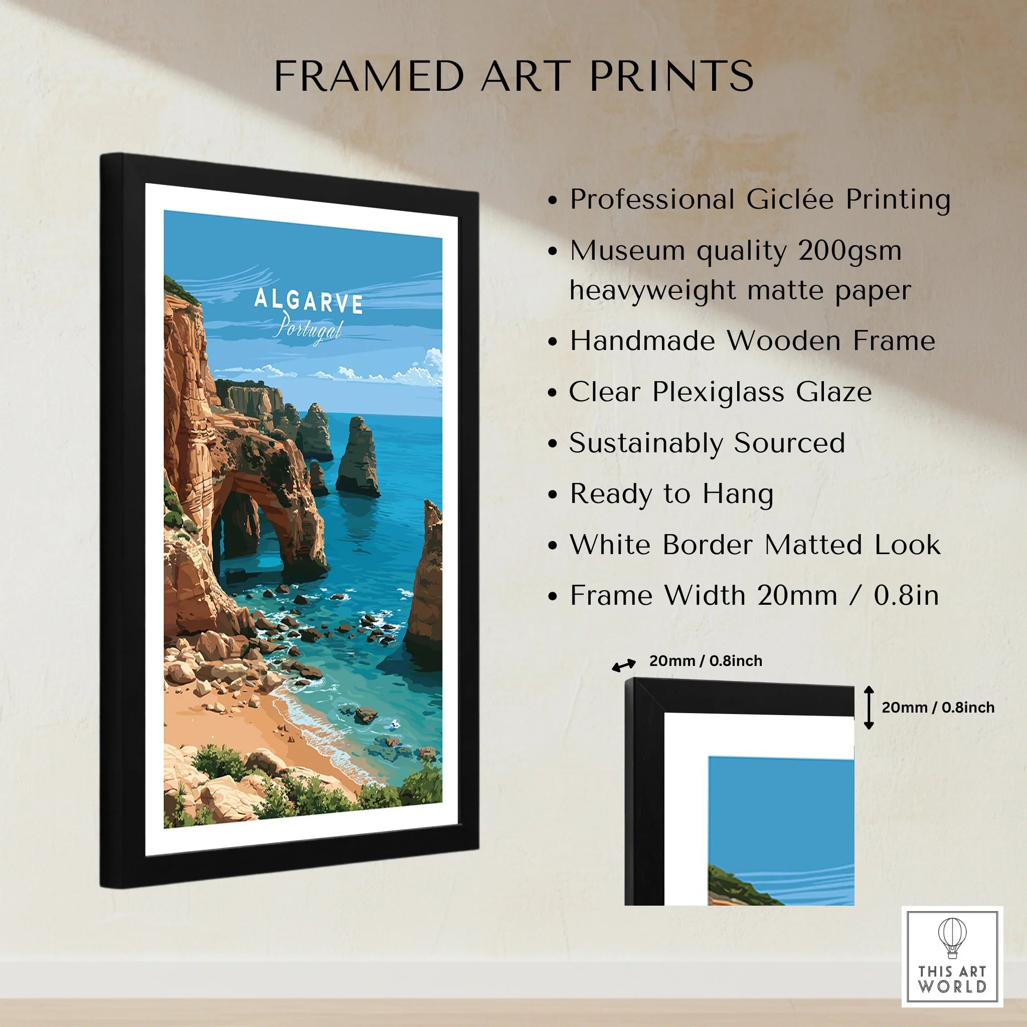 Algarve Portugal Coast Travel Poster — framed print details measurements quality details