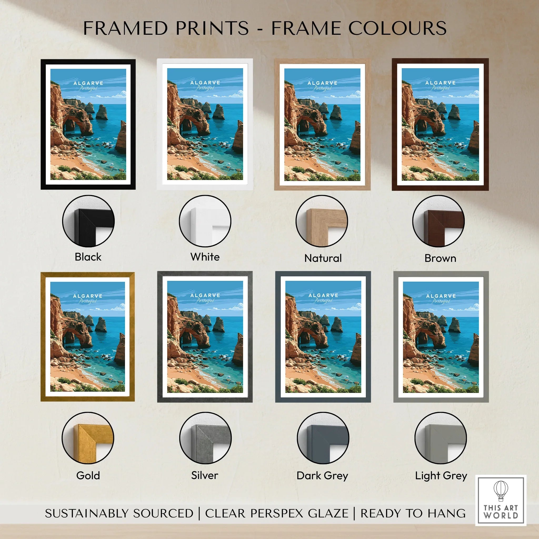 Algarve Portugal Coast Travel Poster — framed print colour options