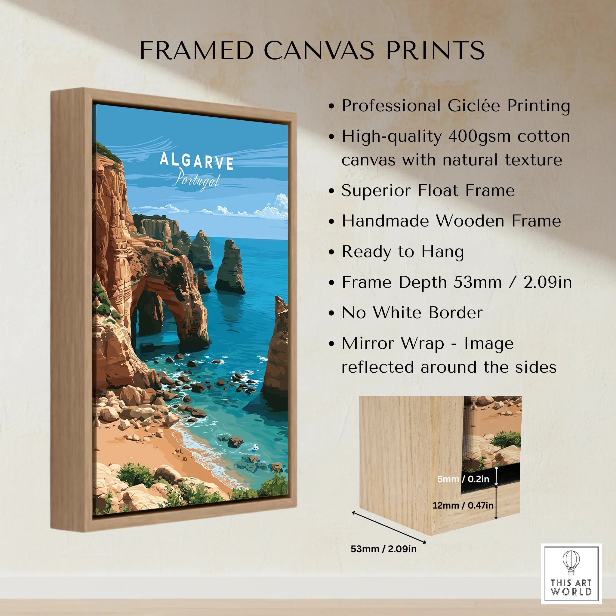 Algarve Portugal Coast Travel Poster — framed canvas float frame details quality