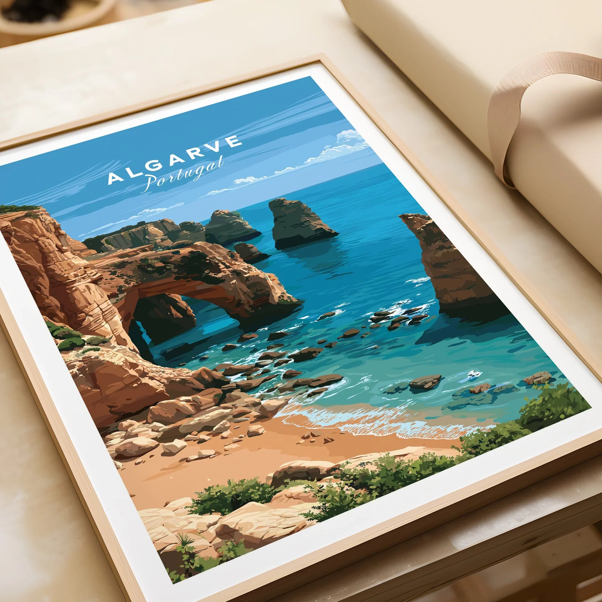 Algarve Portugal Coast Travel Poster — framed art print closeup gift unwrapped natural frame