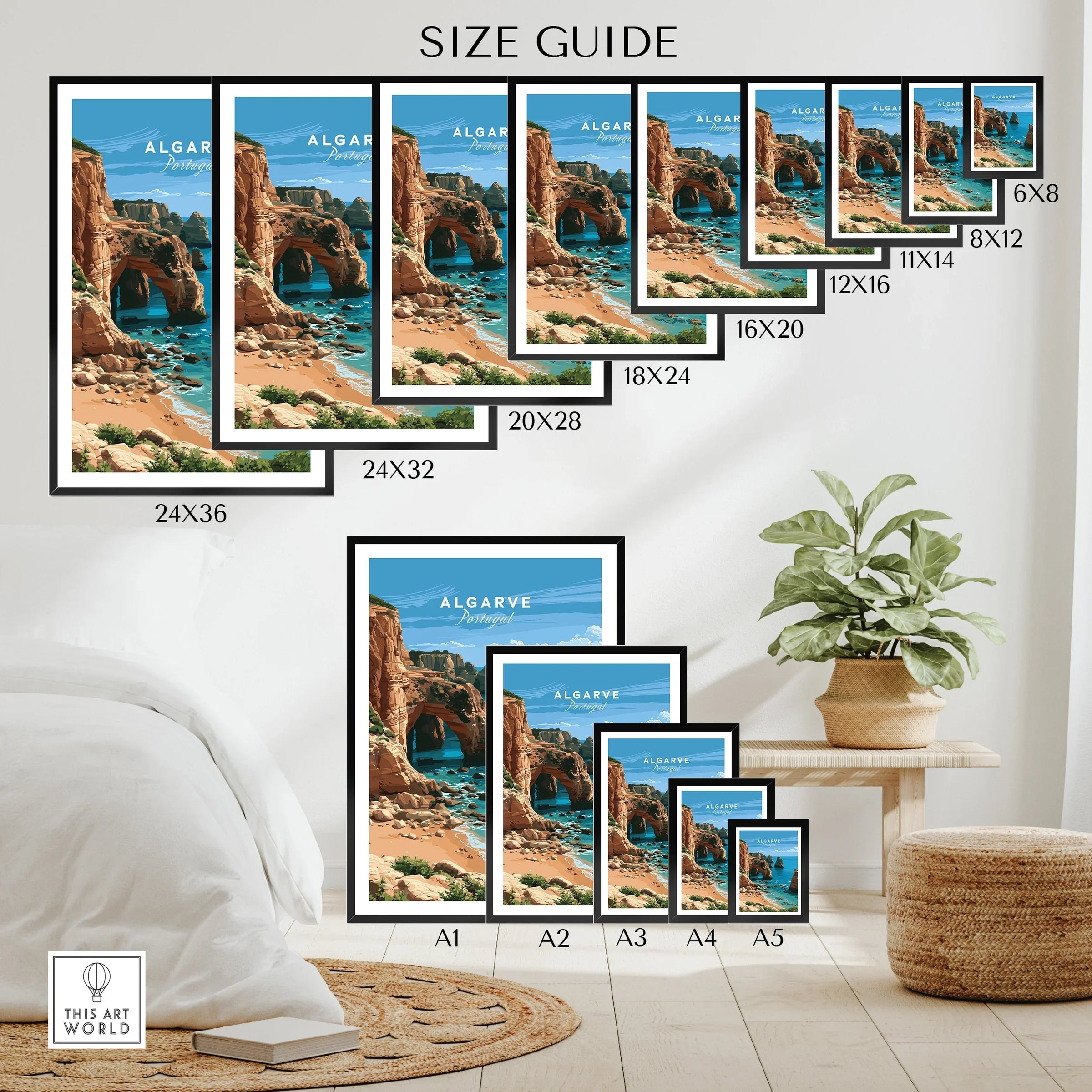 Algarve Portugal Coast Travel Poster — wall art poster size guide thisartworld